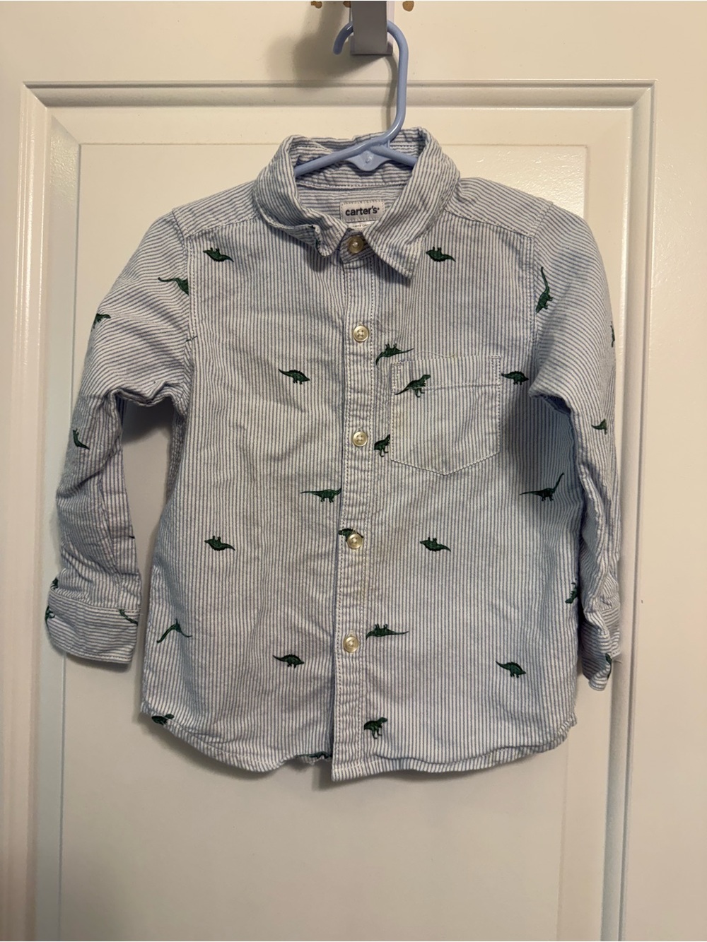 Carter's Light Blue Pinstripe Button-Down Shirt with Green Dino Motif